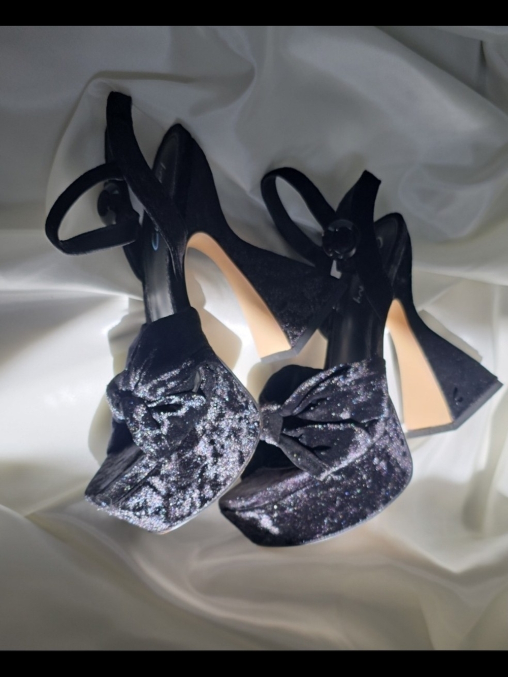 Black Velvet Bow Platform Heels with Ankle Strap - Women's Dress Sandals